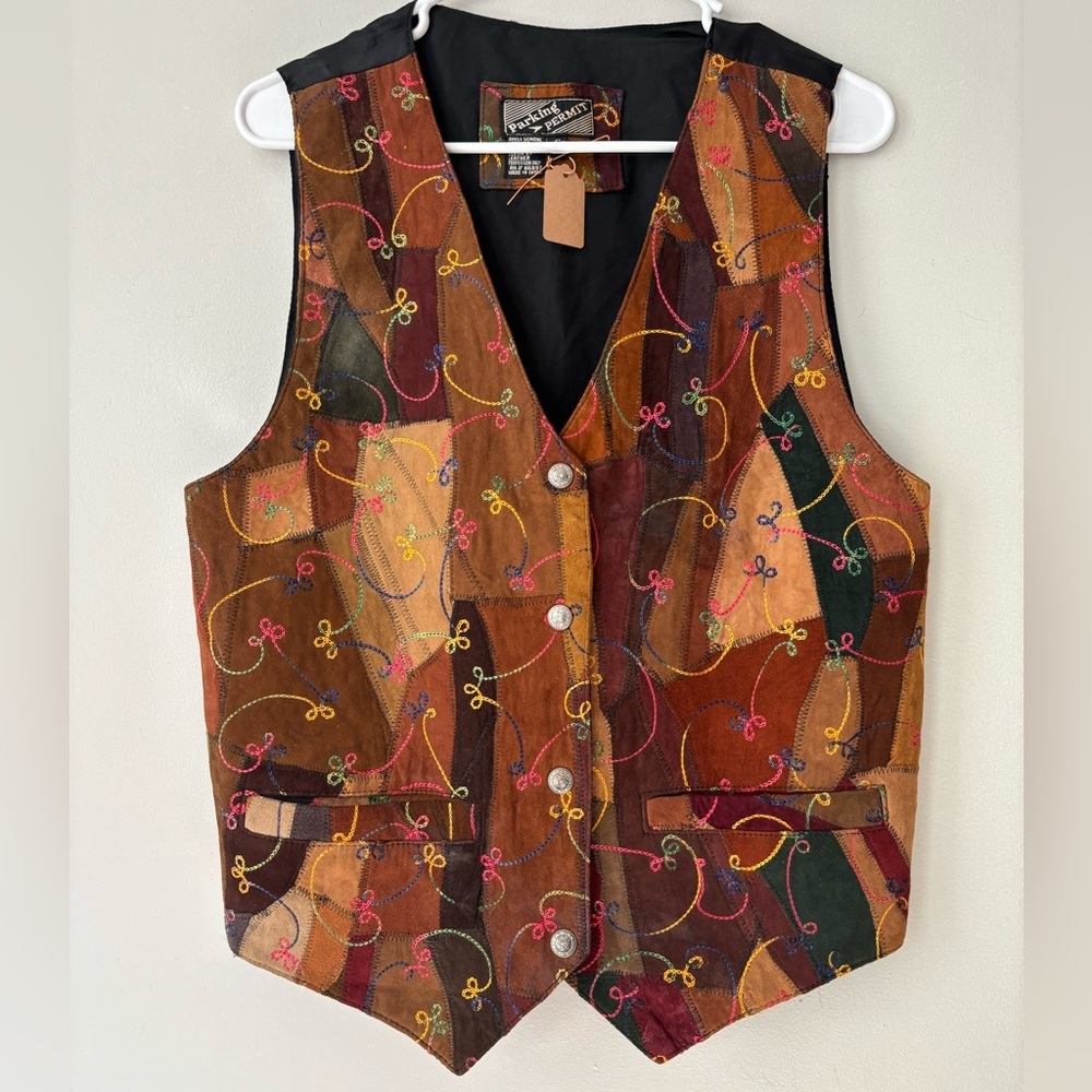 Vintage Retro Brown Indie Colorblock Suede Patchwork Embroidered Floral Vest M L